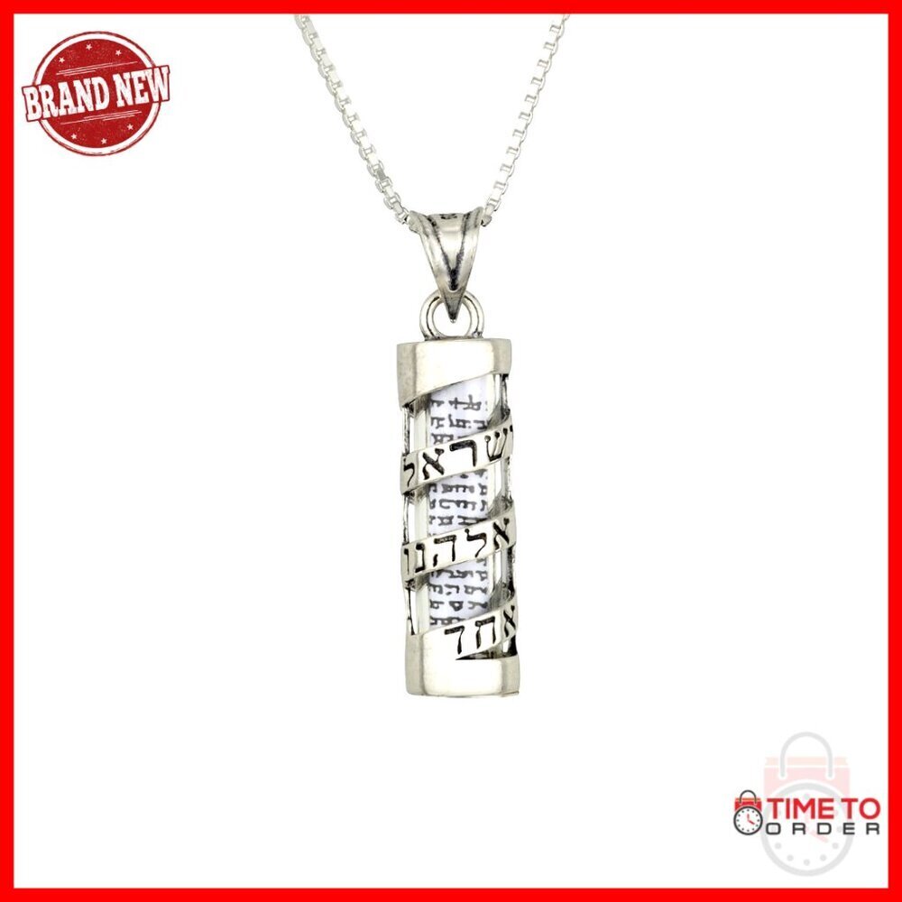 Sterling Silver Mezuzah Necklace with Shema Scroll Pendant 18 Inch Chain